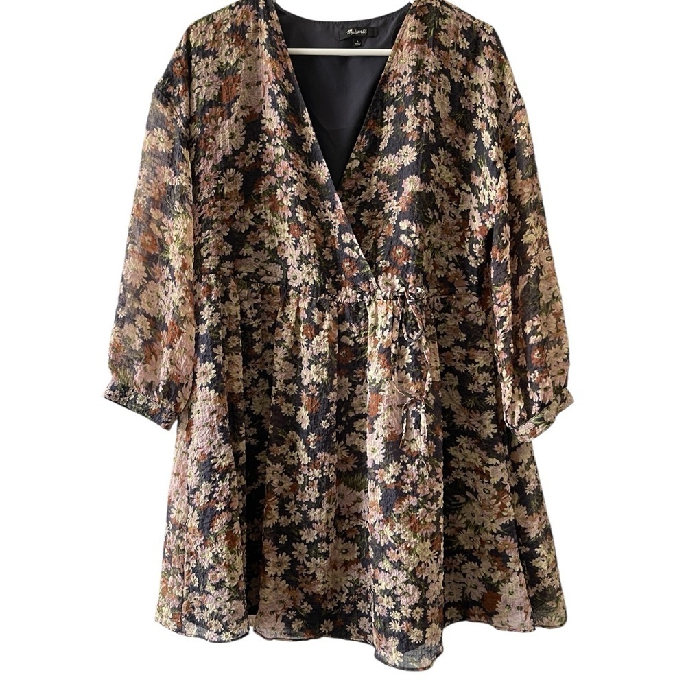 Madewell garden Floral Faux Wrap Mini Dress Large Daisy Long Sleeve Drawstring - Picture 10 of 10